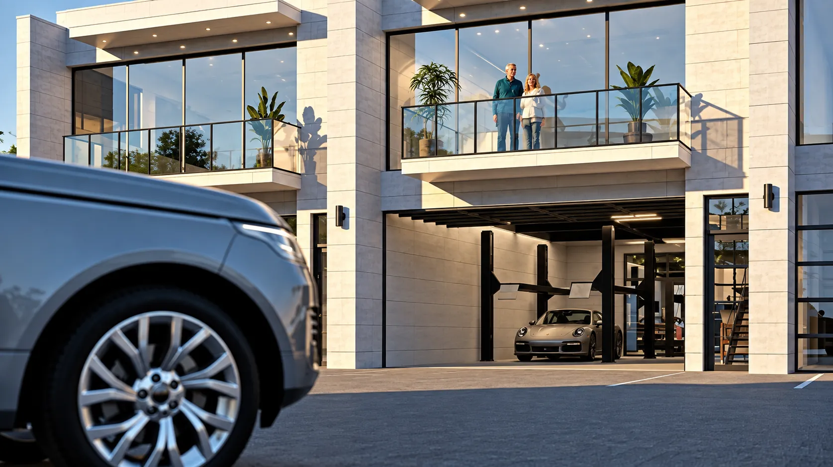 Luxury car garage with a lift and a glass-front lounge above